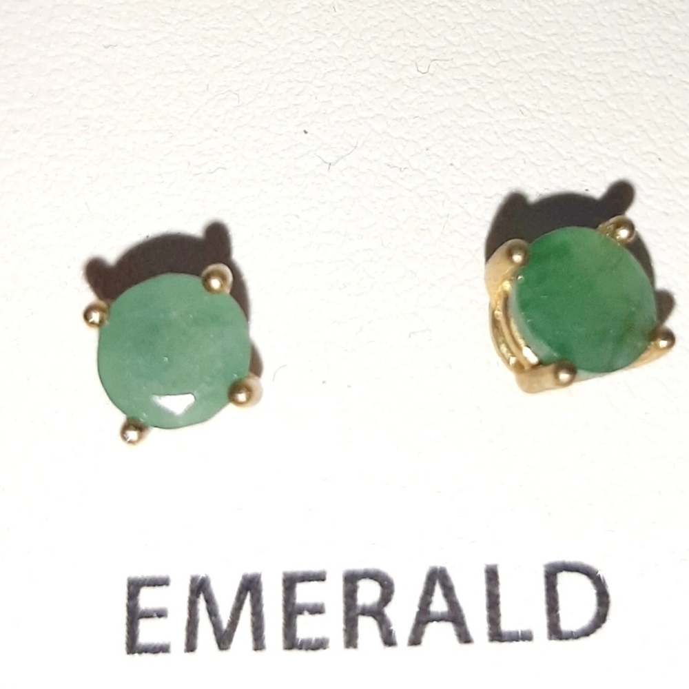 New DBJ 18K Gold & 925 Sterling Silver Round Green Emerald Stud Earrings